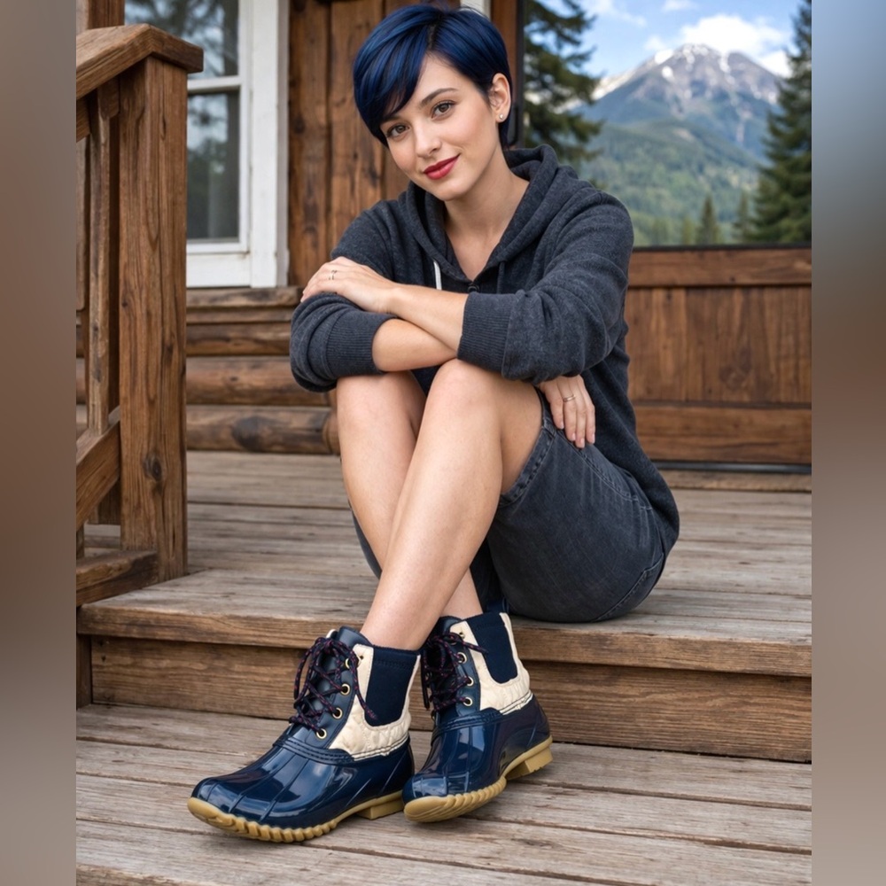 Tommy Hilfiger Hada Duck Boots Women’s 7 Navy White Faux Fur Rain Snow